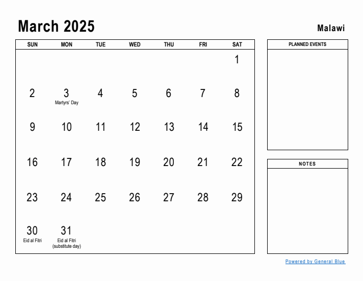 March 2025 Printable Monthly Calendar with Malawi Holidays