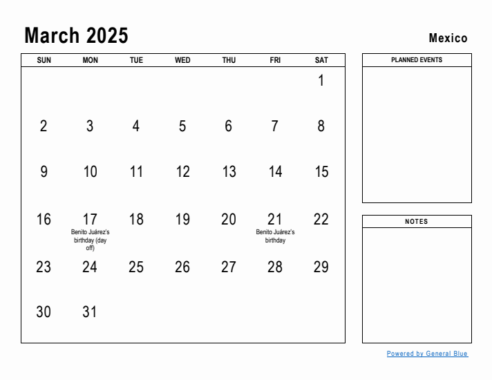 March 2025 Printable Monthly Calendar with Mexico Holidays