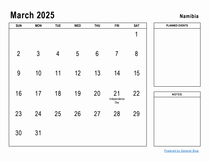 March 2025 Printable Monthly Calendar with Namibia Holidays