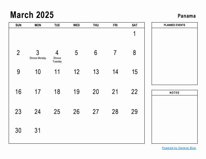 March 2025 Printable Monthly Calendar with Panama Holidays