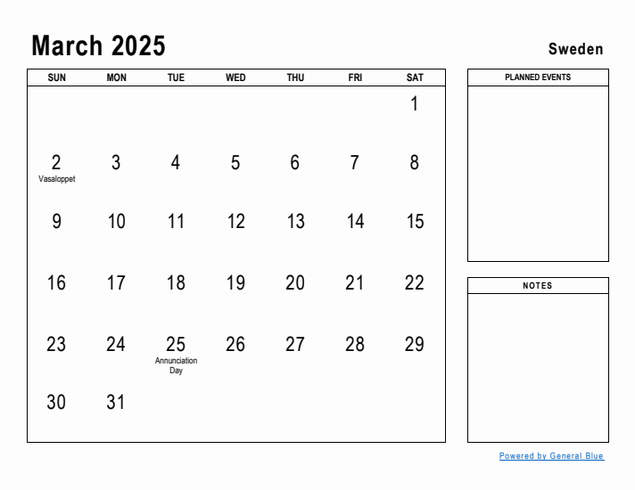 March 2025 Printable Monthly Calendar with Sweden Holidays