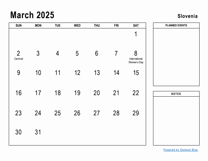 March 2025 Printable Monthly Calendar with Slovenia Holidays