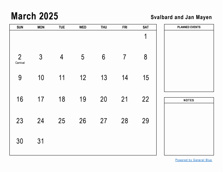 March 2025 Printable Monthly Calendar with Svalbard and Jan Mayen Holidays