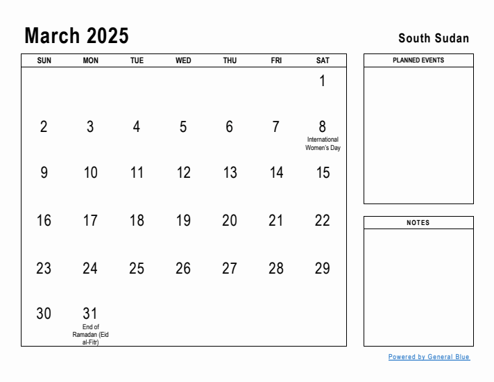 March 2025 Printable Monthly Calendar with South Sudan Holidays