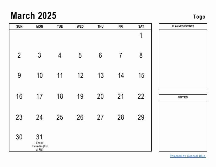 March 2025 Printable Monthly Calendar with Togo Holidays