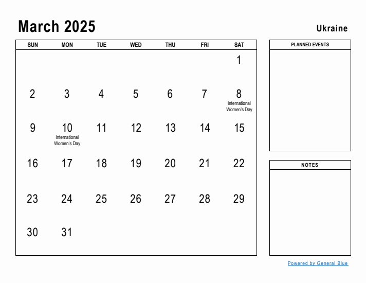 March 2025 Printable Monthly Calendar with Ukraine Holidays