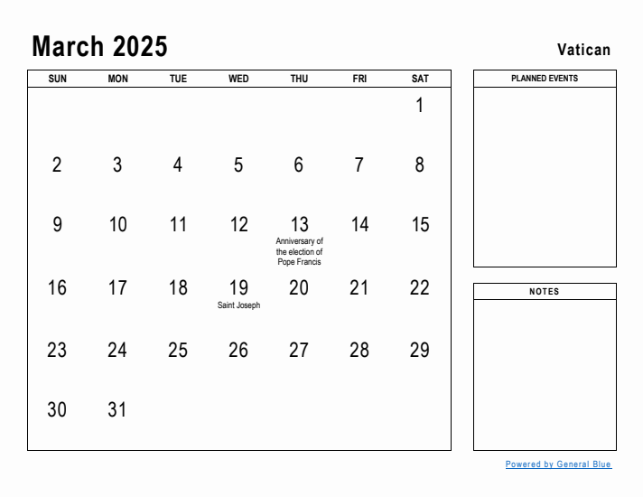 March 2025 Printable Monthly Calendar with Vatican Holidays