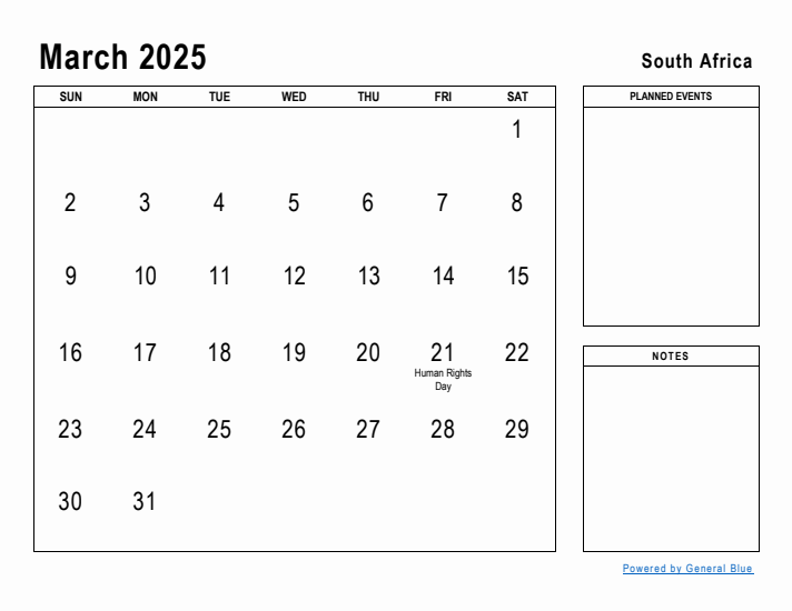 March 2025 Printable Monthly Calendar with South Africa Holidays