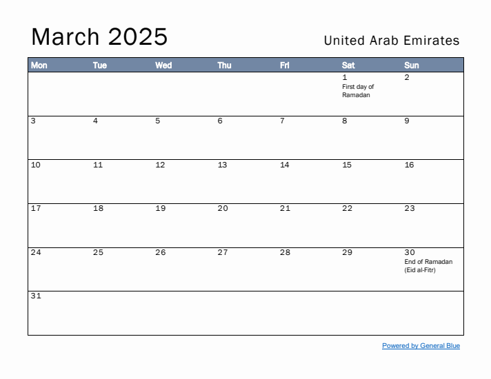 March 2025 Simple Monthly Calendar for United Arab Emirates