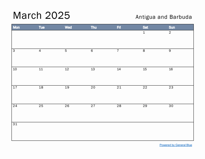 March 2025 Simple Monthly Calendar for Antigua and Barbuda