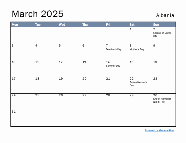 March 2025 Simple Monthly Calendar for Albania