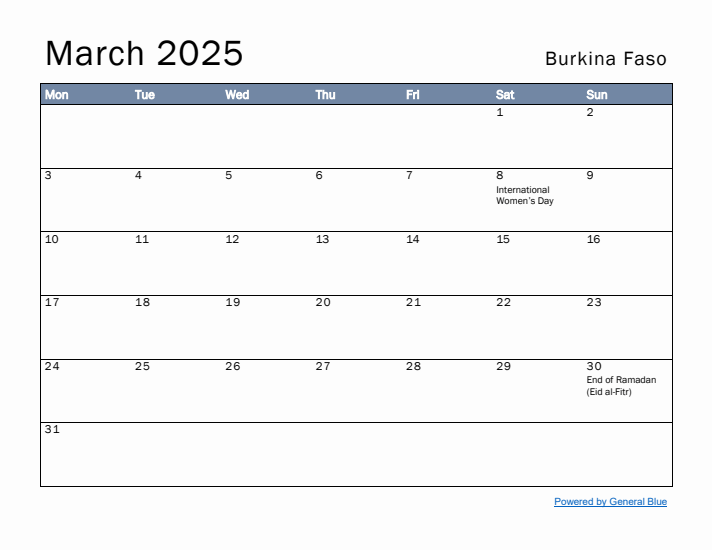 March 2025 Simple Monthly Calendar for Burkina Faso