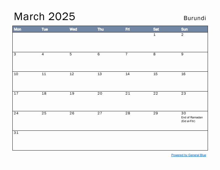 March 2025 Simple Monthly Calendar for Burundi