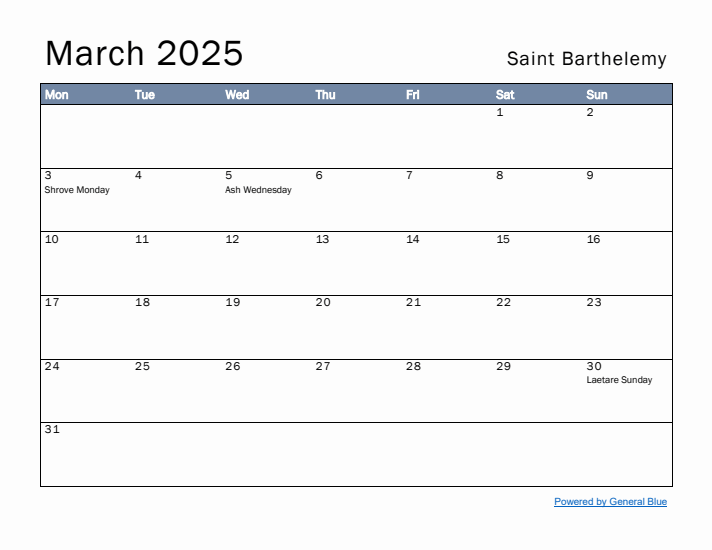 March 2025 Simple Monthly Calendar for Saint Barthelemy