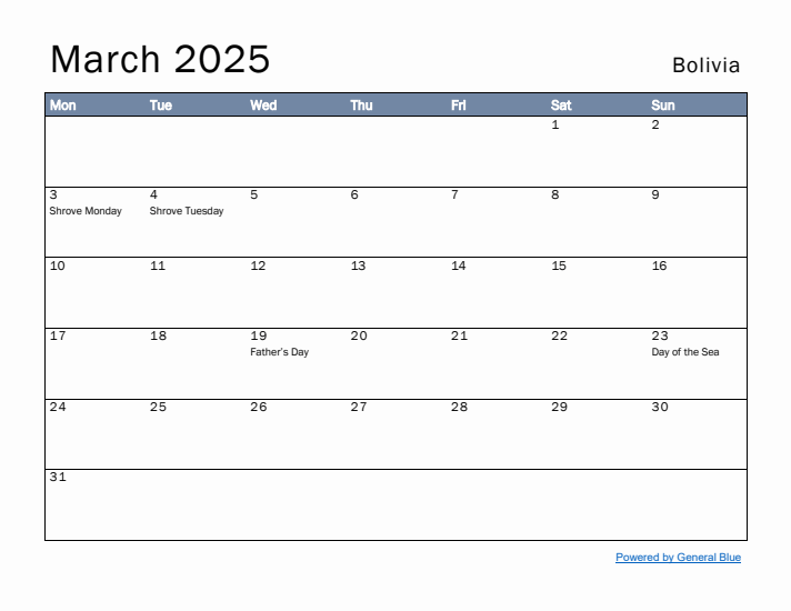 March 2025 Simple Monthly Calendar for Bolivia