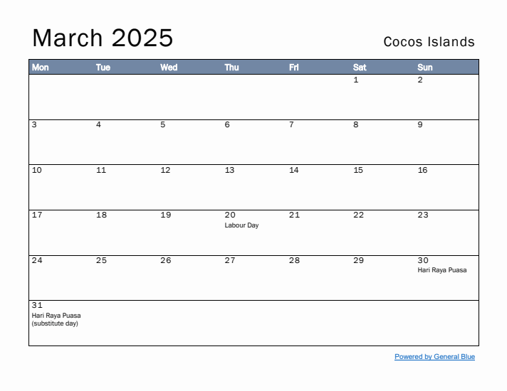 March 2025 Simple Monthly Calendar for Cocos Islands