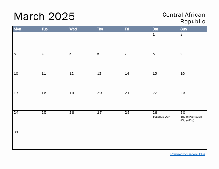 March 2025 Simple Monthly Calendar for Central African Republic