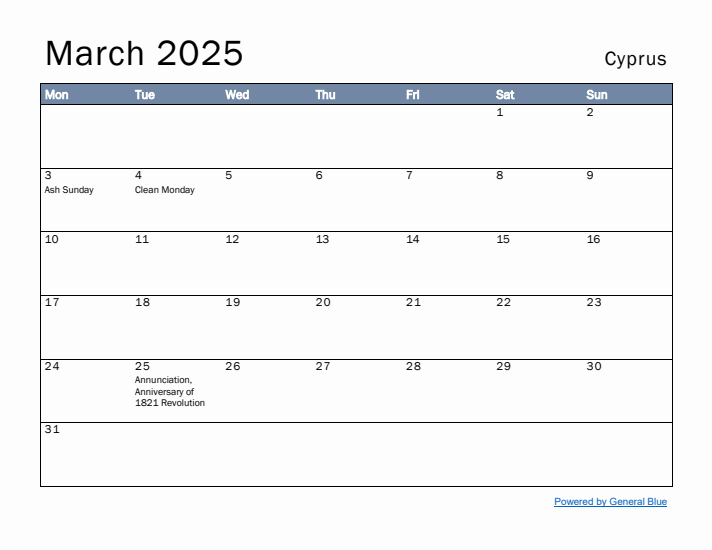 March 2025 Simple Monthly Calendar for Cyprus