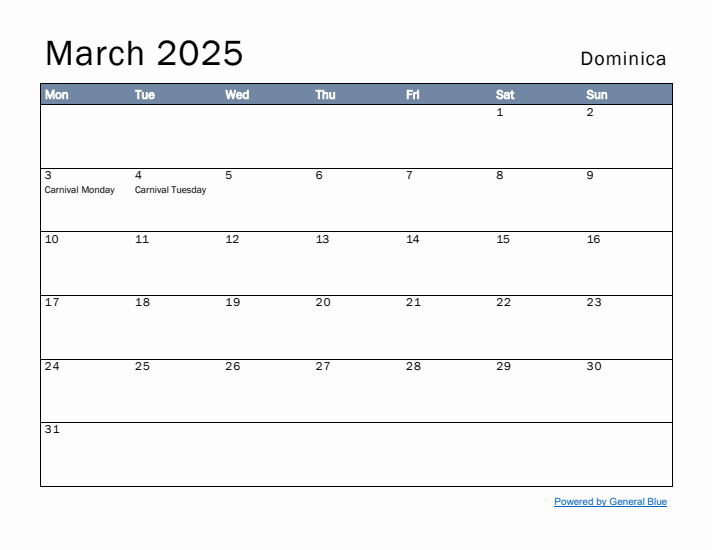 March 2025 Simple Monthly Calendar for Dominica