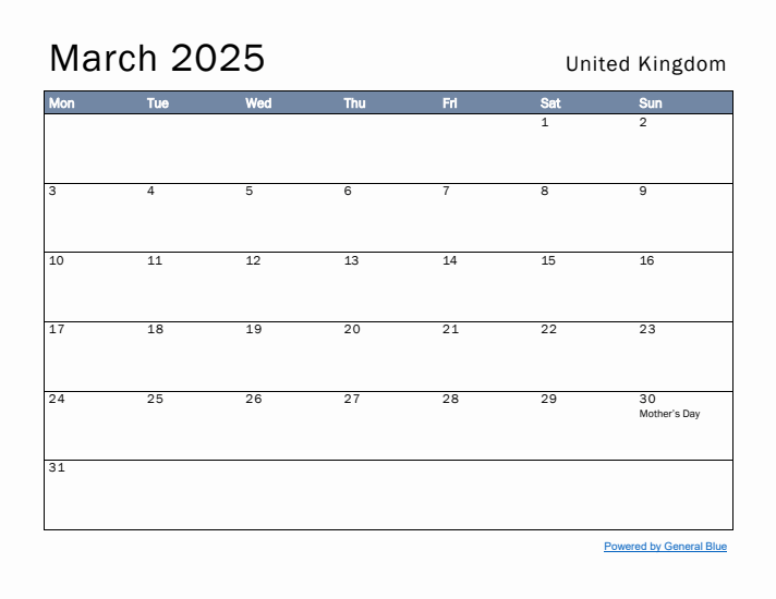 March 2025 Simple Monthly Calendar for United Kingdom