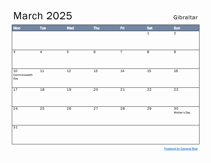 March 2025 Simple Monthly Calendar for Gibraltar