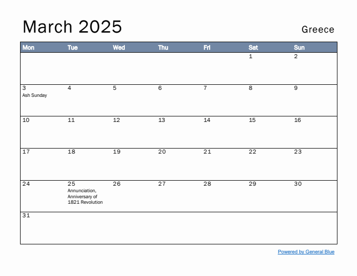 March 2025 Simple Monthly Calendar for Greece