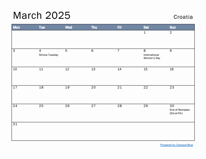 March 2025 Simple Monthly Calendar for Croatia