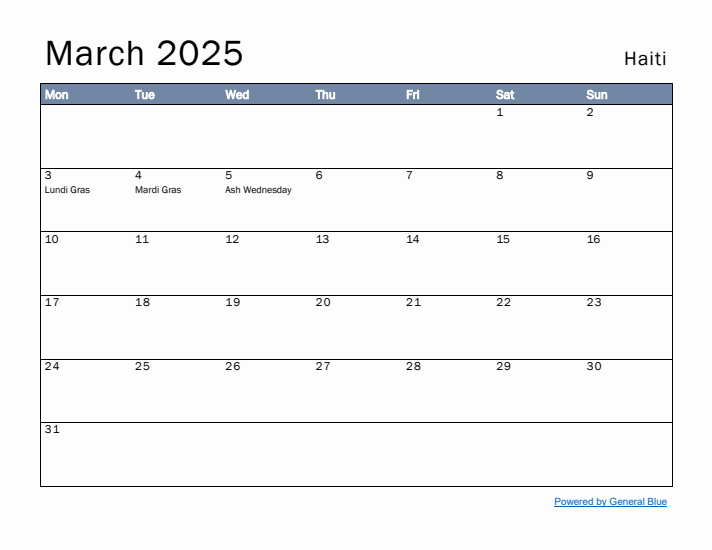 March 2025 Simple Monthly Calendar for Haiti