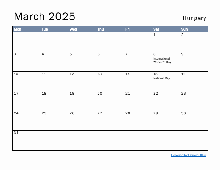 March 2025 Simple Monthly Calendar for Hungary