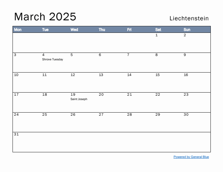 March 2025 Simple Monthly Calendar for Liechtenstein