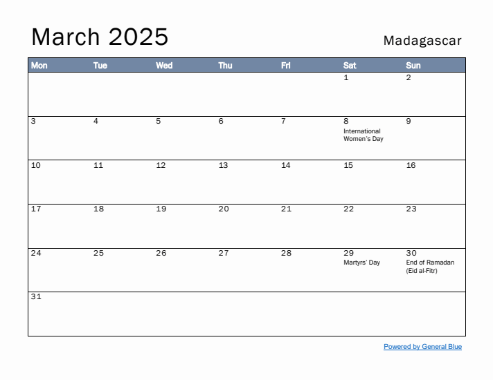 March 2025 Simple Monthly Calendar for Madagascar