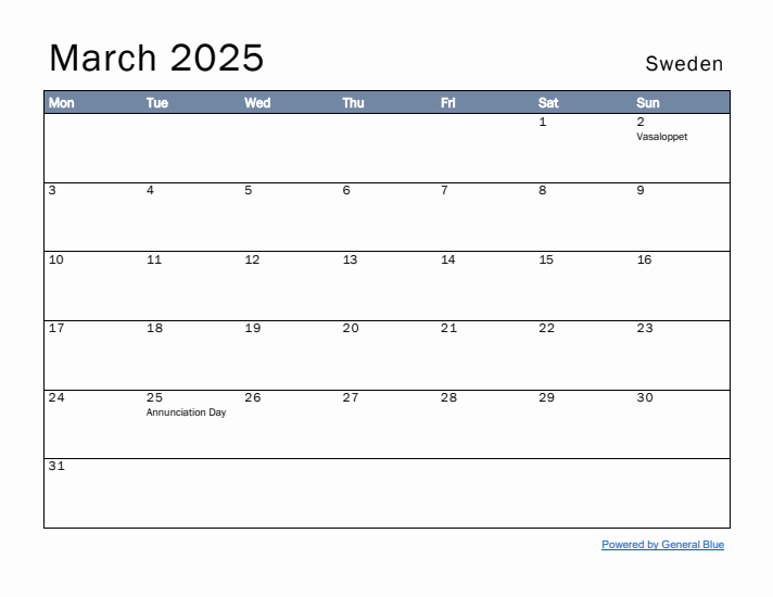 March 2025 Simple Monthly Calendar for Sweden