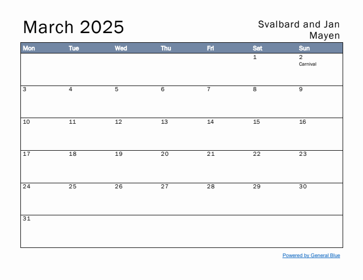 March 2025 Simple Monthly Calendar for Svalbard and Jan Mayen