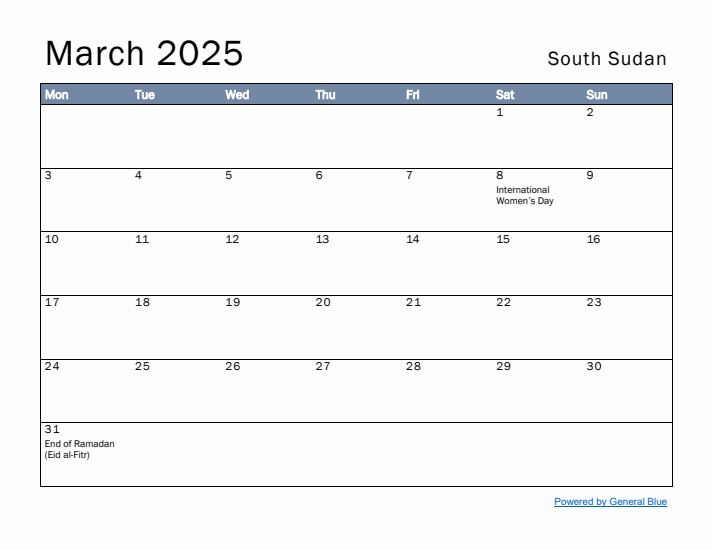 March 2025 Simple Monthly Calendar for South Sudan