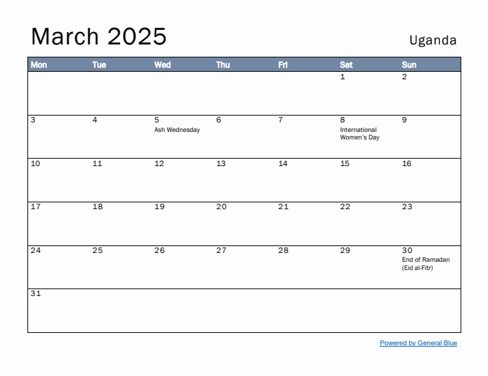 March 2025 Simple Monthly Calendar for Uganda