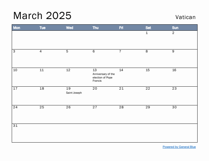 March 2025 Simple Monthly Calendar for Vatican