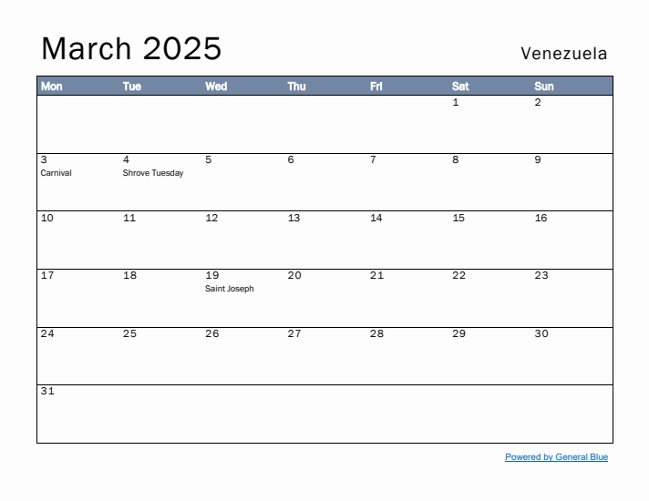 March 2025 Simple Monthly Calendar for Venezuela