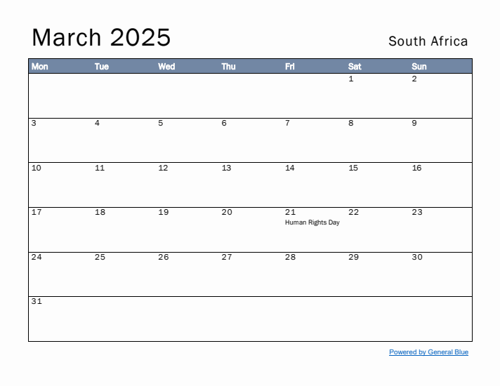 March 2025 Simple Monthly Calendar for South Africa