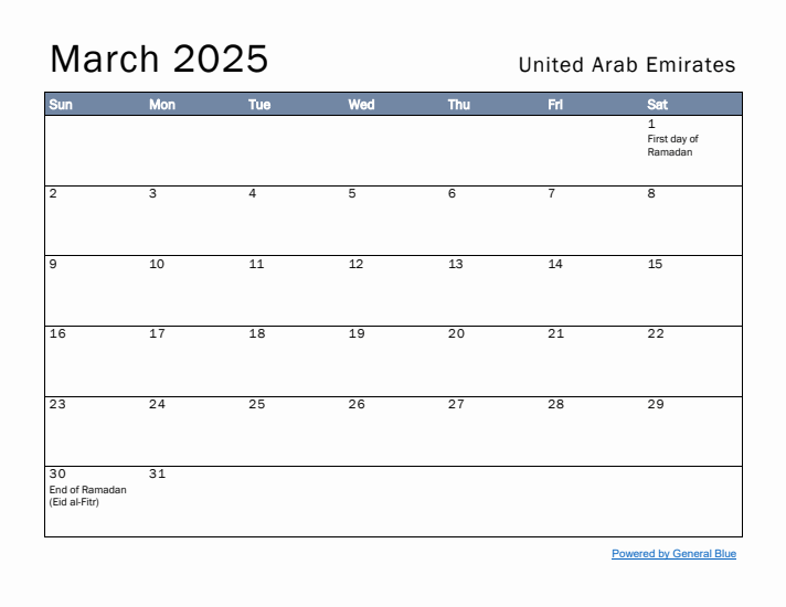 March 2025 Simple Monthly Calendar for United Arab Emirates