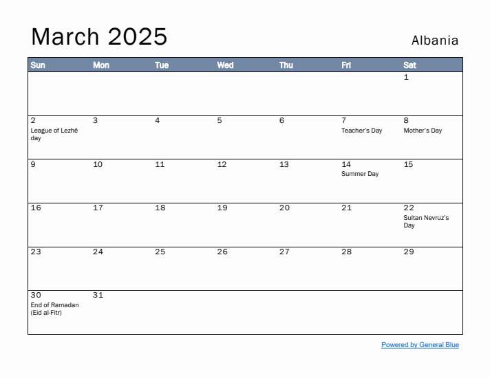 March 2025 Simple Monthly Calendar for Albania