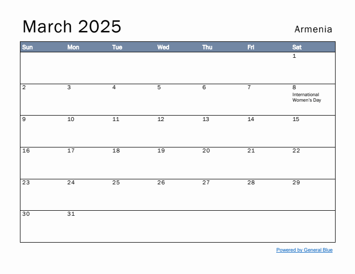 March 2025 Simple Monthly Calendar for Armenia