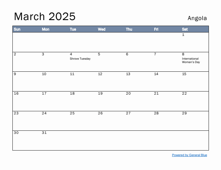 March 2025 Simple Monthly Calendar for Angola