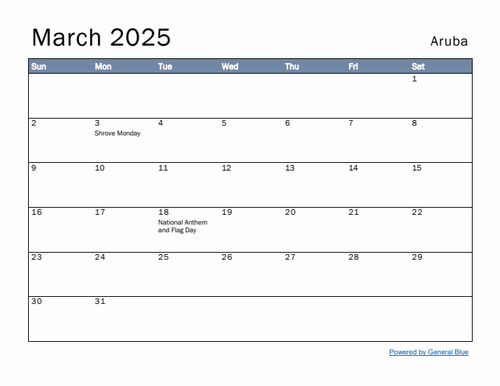 March 2025 Simple Monthly Calendar for Aruba