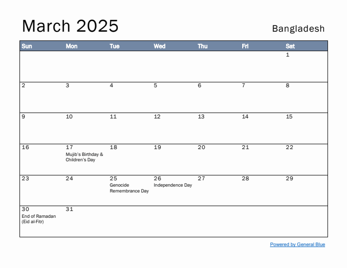 March 2025 Simple Monthly Calendar for Bangladesh