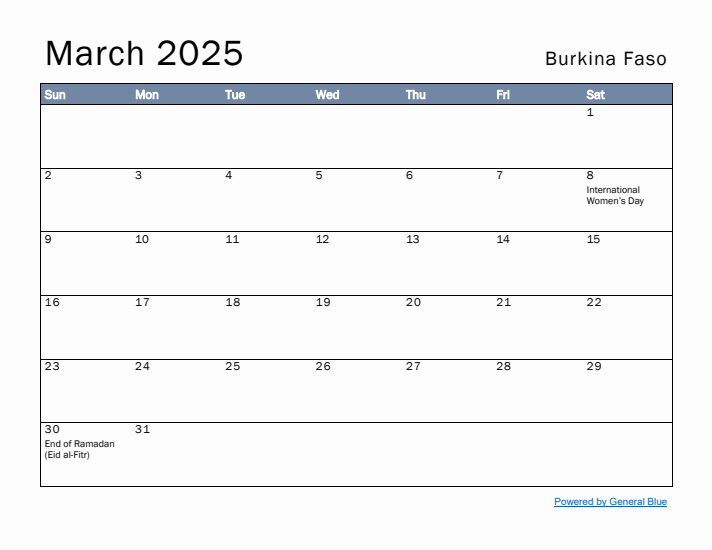 March 2025 Simple Monthly Calendar for Burkina Faso