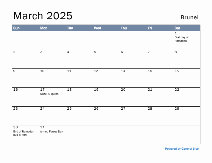 March 2025 Simple Monthly Calendar for Brunei