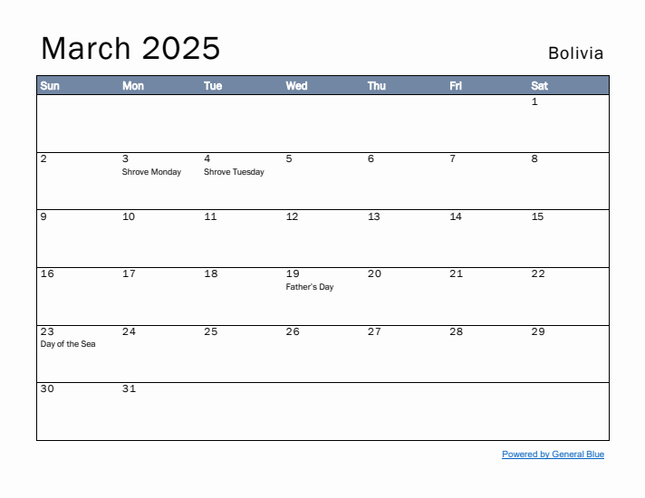 March 2025 Simple Monthly Calendar for Bolivia