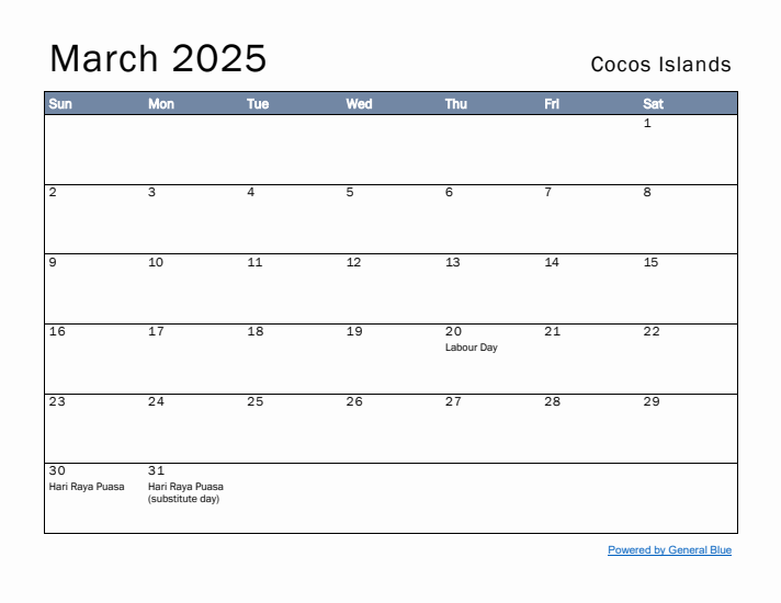 March 2025 Simple Monthly Calendar for Cocos Islands