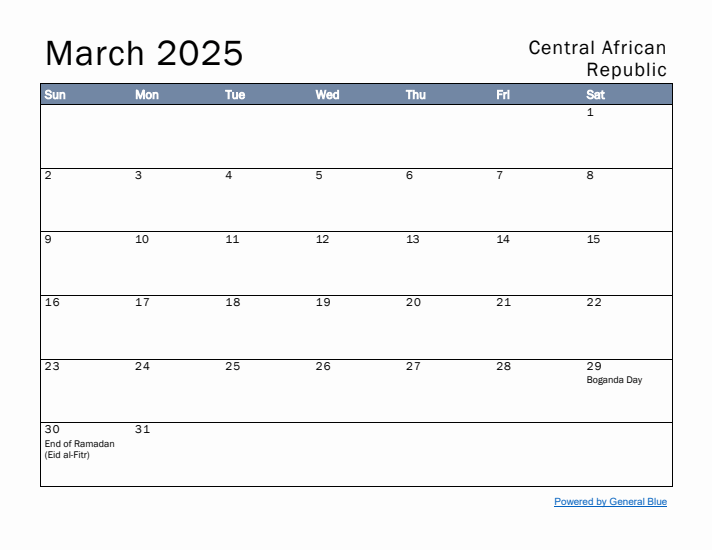 March 2025 Simple Monthly Calendar for Central African Republic