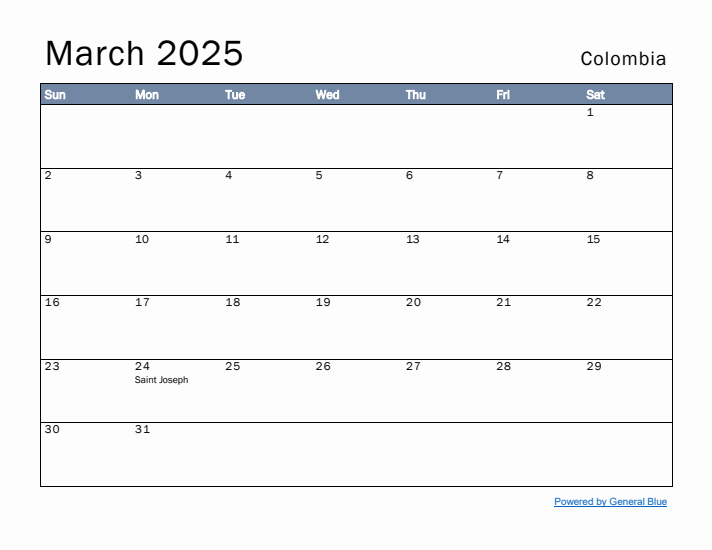 March 2025 Simple Monthly Calendar for Colombia